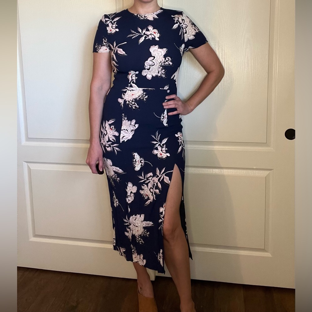 Leith Navy & White Floral Bodycon Midi Dress